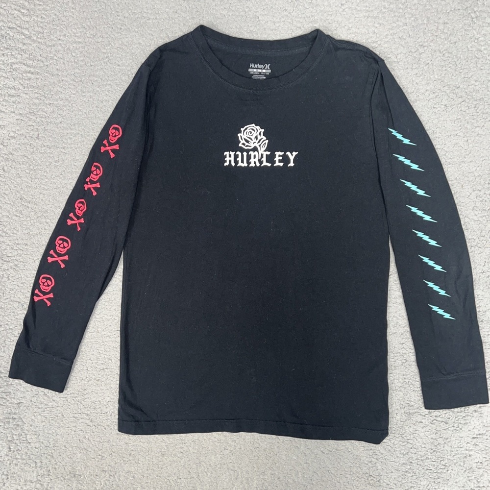 Hurley Shirt Youth XL 13-15 Years Black Rose Skull Lightning‎ Bolts Long Sleeve